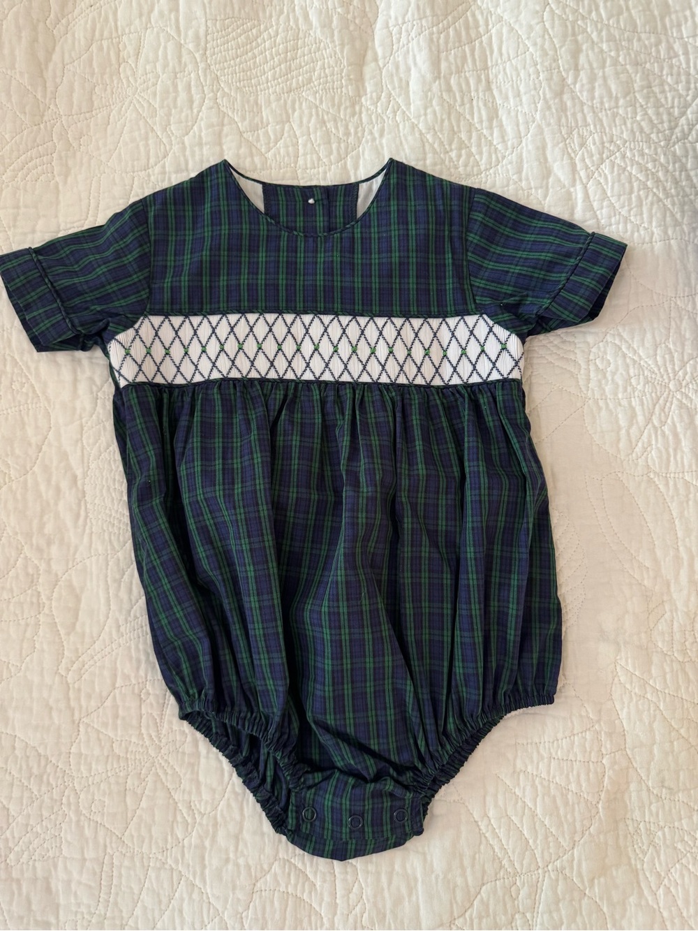 The Beaufort Bonnet Company Navy and Green Plaid Smocked One-Piece